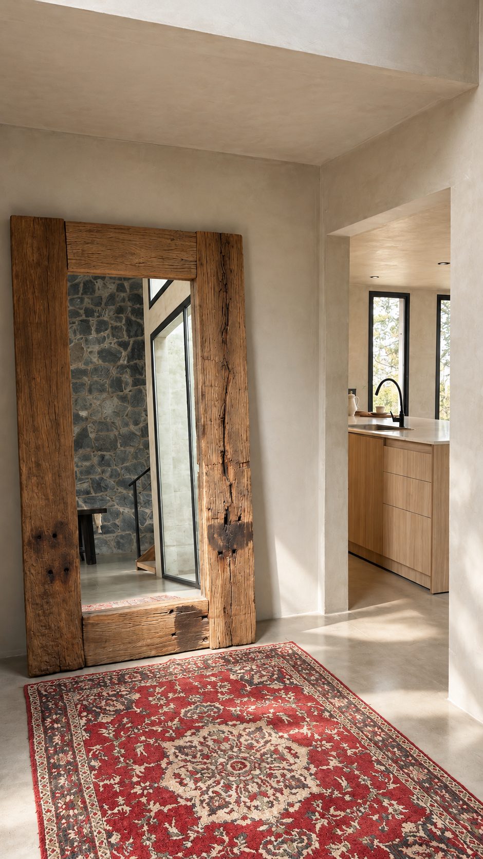 Ingreso con espejo de agua y revestimiento de piedra, Casa de piedra en la sierra