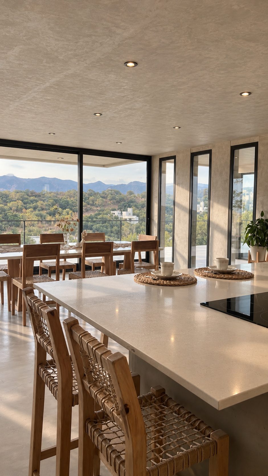 Cocina integrada con vista a la sierra, Casa de piedra en la sierra