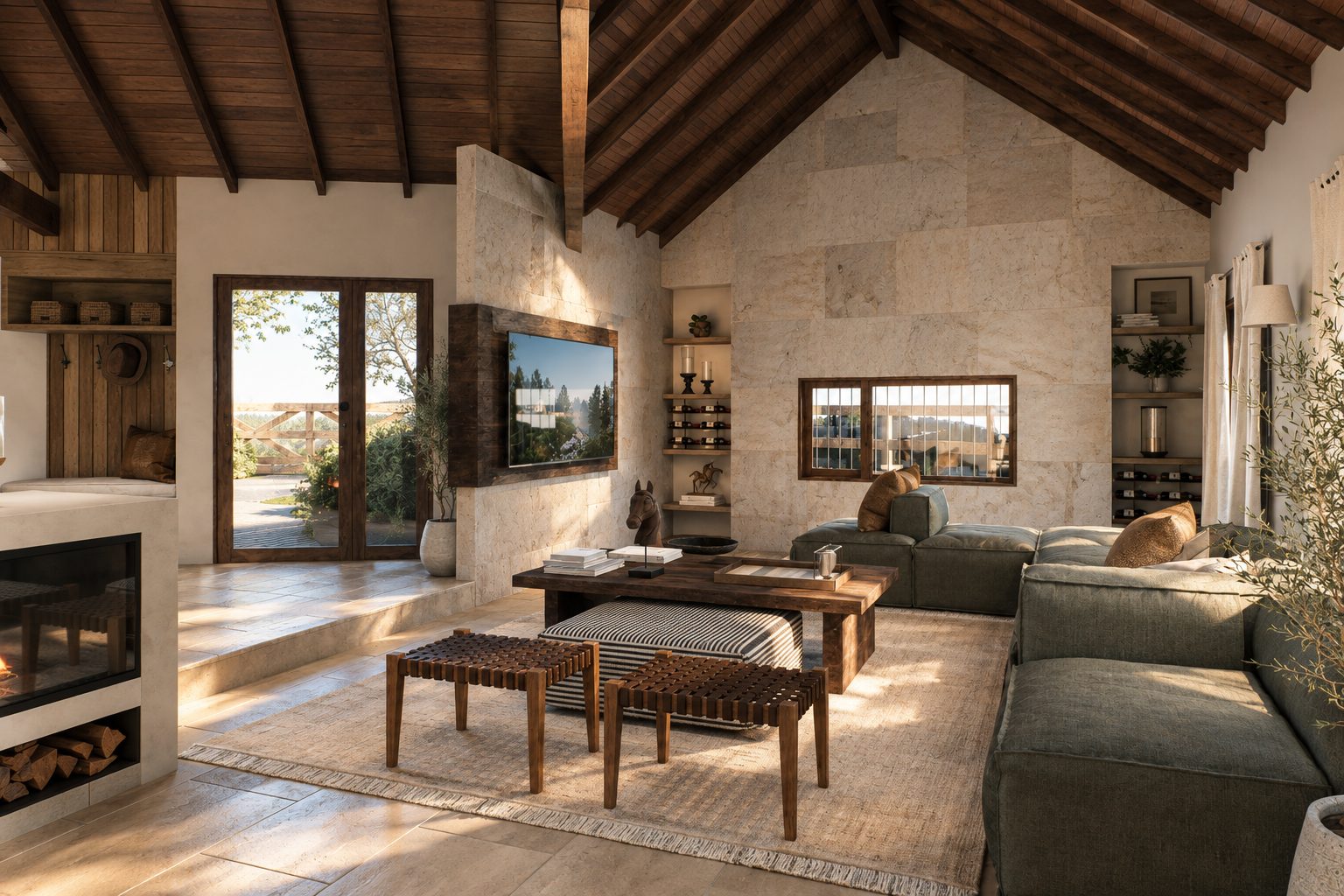 Living con techo de madera y muro de piedra, render de la remodelación Cuesta Blanca