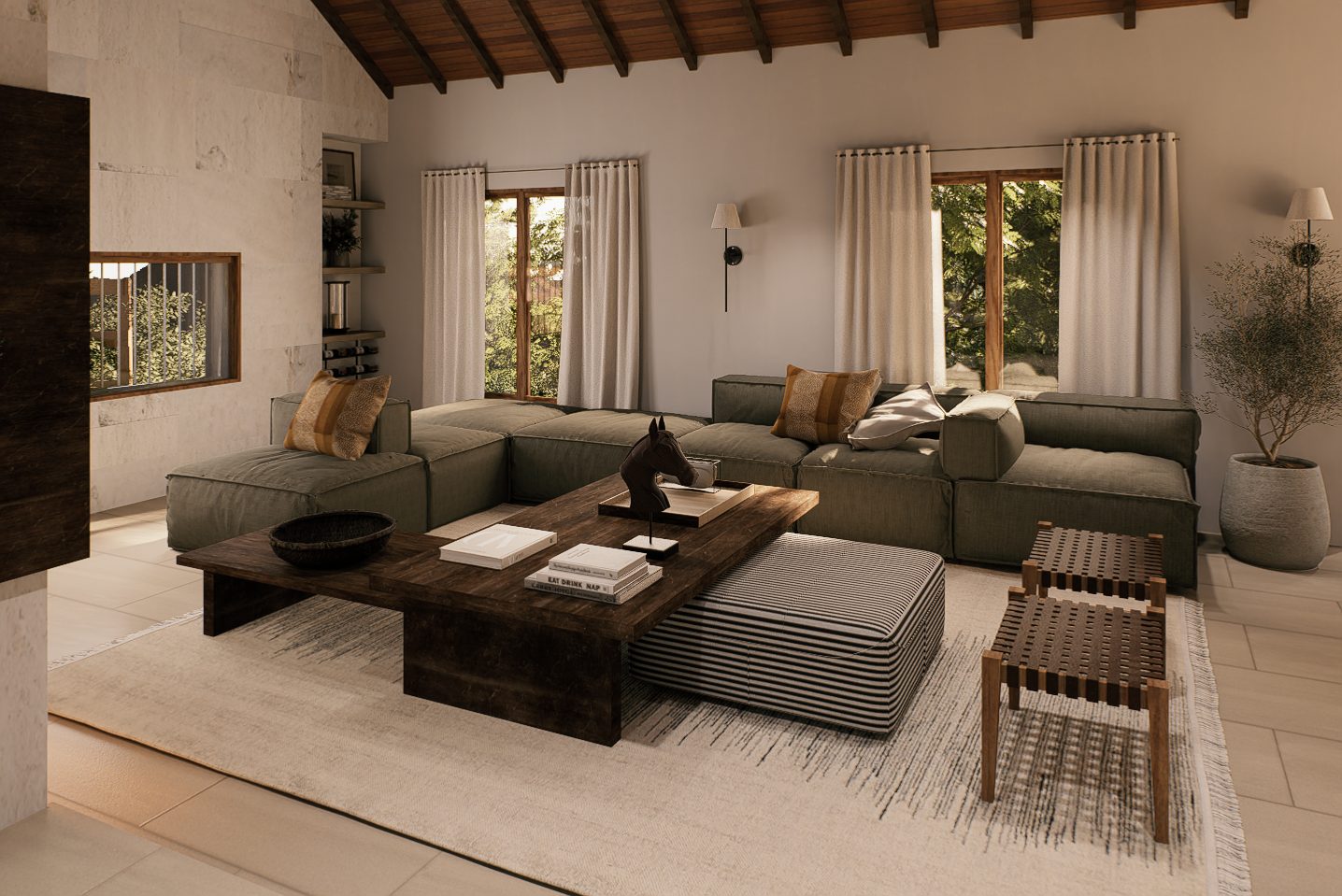 Living con sofás verdes y ventanales, render de la remodelación Cuesta Blanca