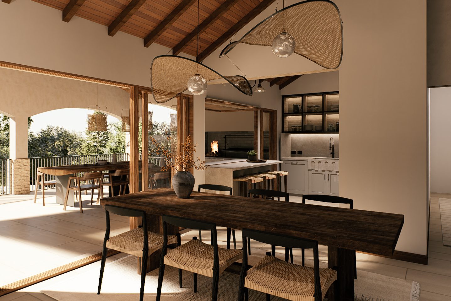Comedor con mesa de madera y vista a la cocina, render de la remodelación Cuesta Blanca