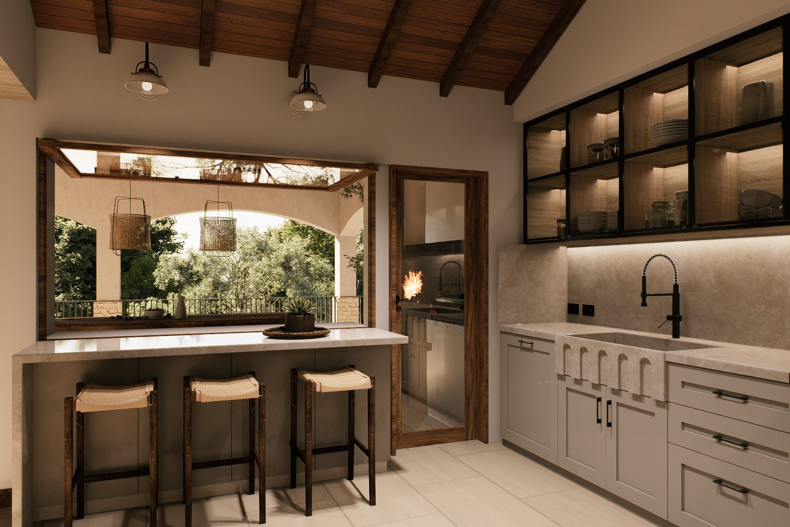 Barra de cocina con banquetas y vista al patio, render de la remodelación Cuesta Blanca