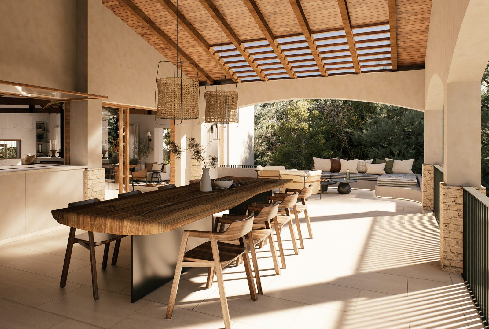 Galería con mesa de madera y techo de listones, render de la remodelación Cuesta Blanca
