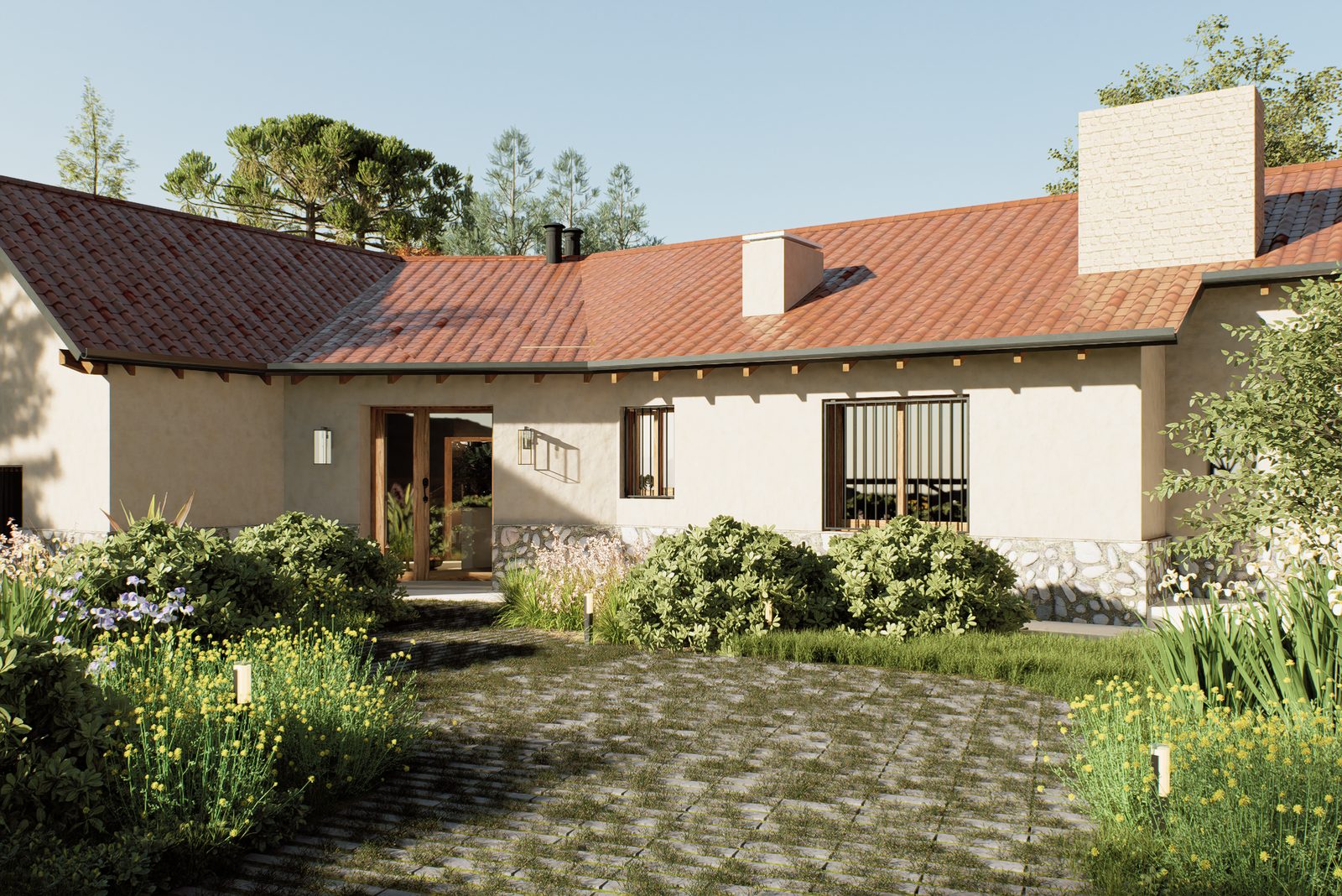 Fachada de piedra y patio con adoquines, render de la remodelación Cuesta Blanca