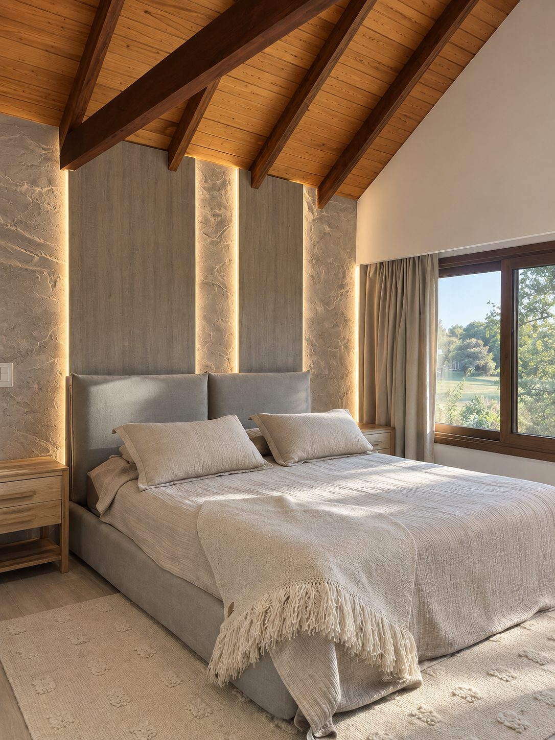 Dormitorio con cabecera de piedra y techo de madera, Remodelación en Jockey Club