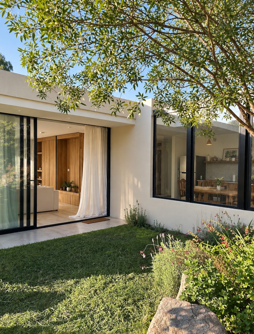 Fachada con vegetación y entrada, Casa con ventanal plegable en la sierra