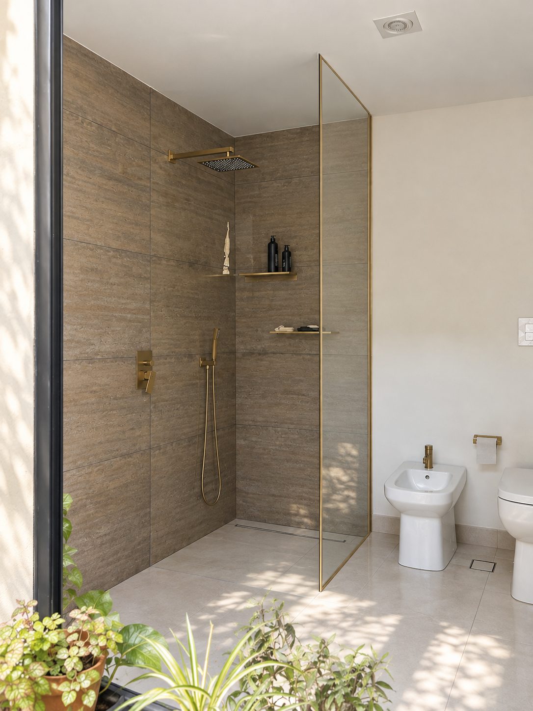 Baño con ducha de vidrio y revestimiento, Casa con ventanal plegable en la sierra