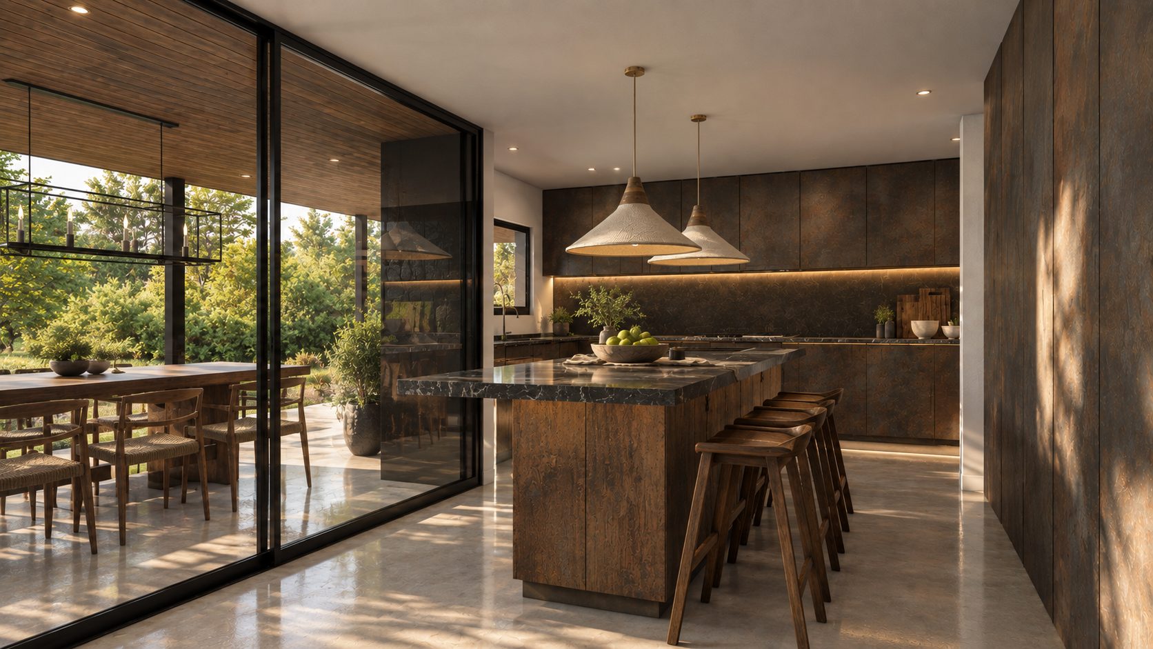 Cocina de madera y gris con isla y vista al jardín, Casa de doble altura en El Terrón
