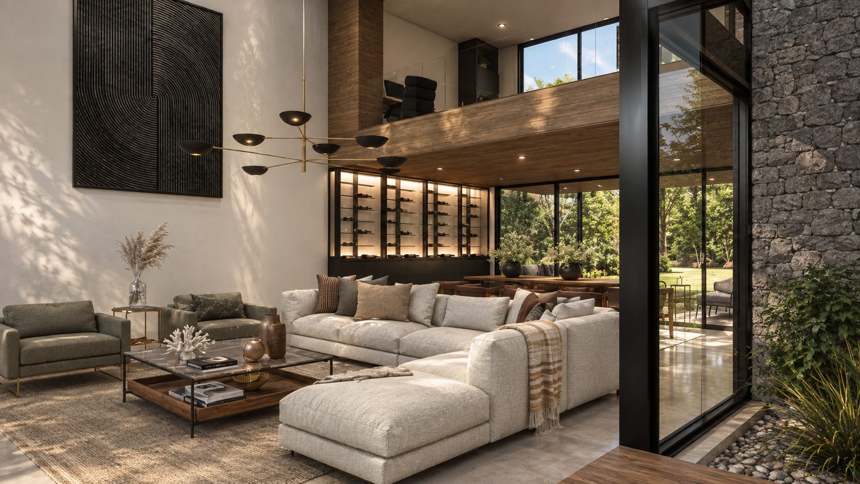 Living con sofás y ventanales al exterior, Casa de doble altura en El Terrón