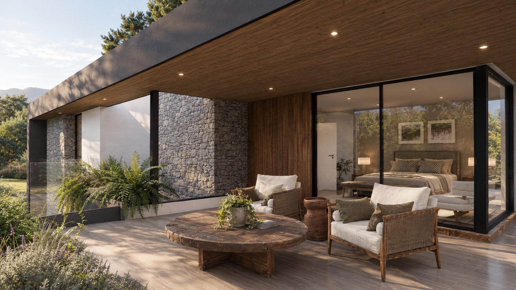 Casa de doble altura en El Terrón, Vivienda con living de doble altura, chimenea y comedor con vinoteca