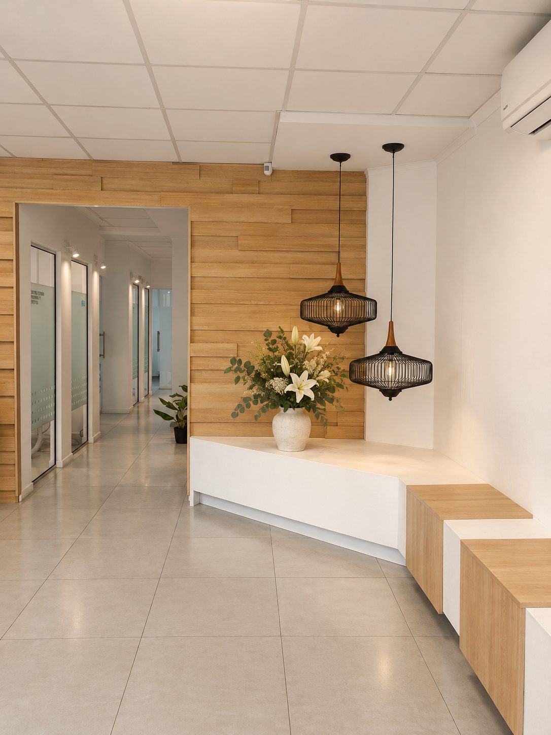 Recepción con flores y muro de madera, Consultorios RIE