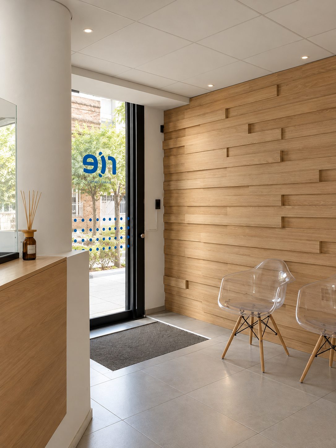 Recepción con puerta de vidrio y madera, Consultorios RIE
