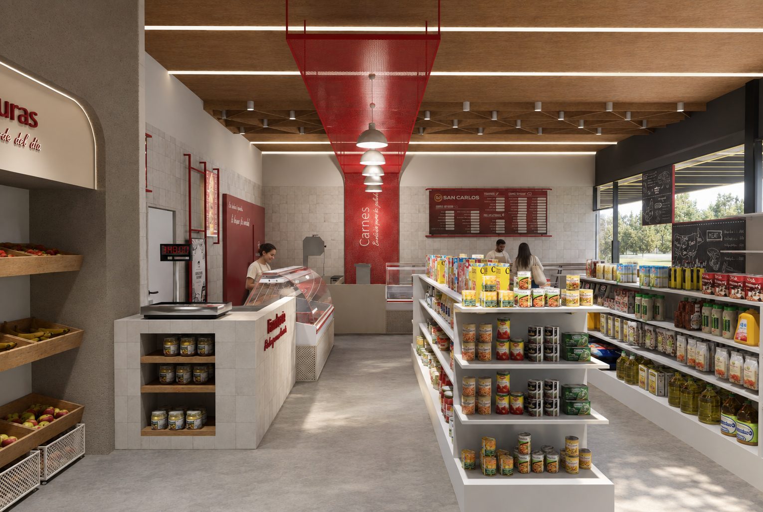 Interior del mini market con góndolas de conservas y cajones de frutas, render del proyecto