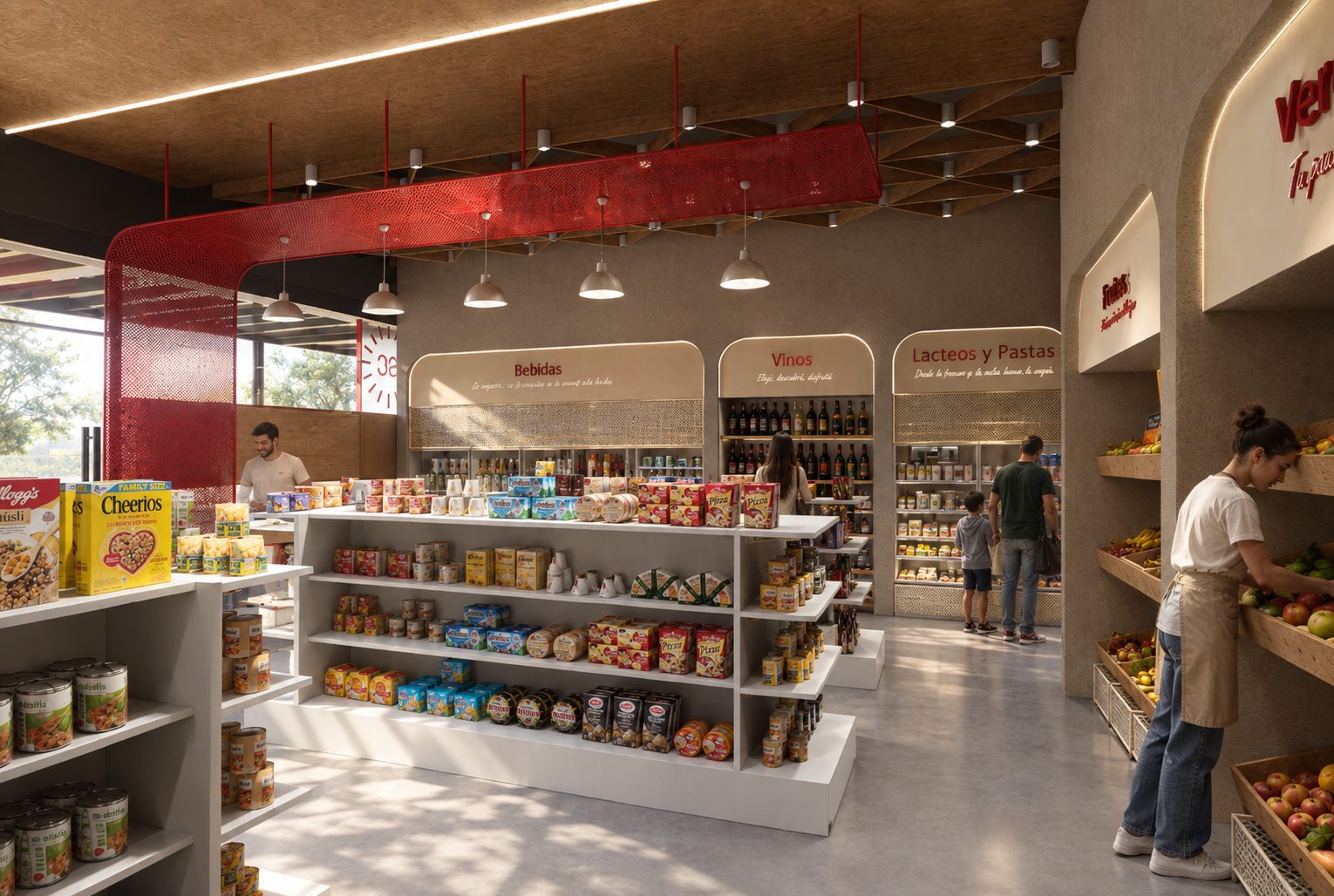 Interior del mini market con góndolas de snacks y sector de vinos, render del proyecto