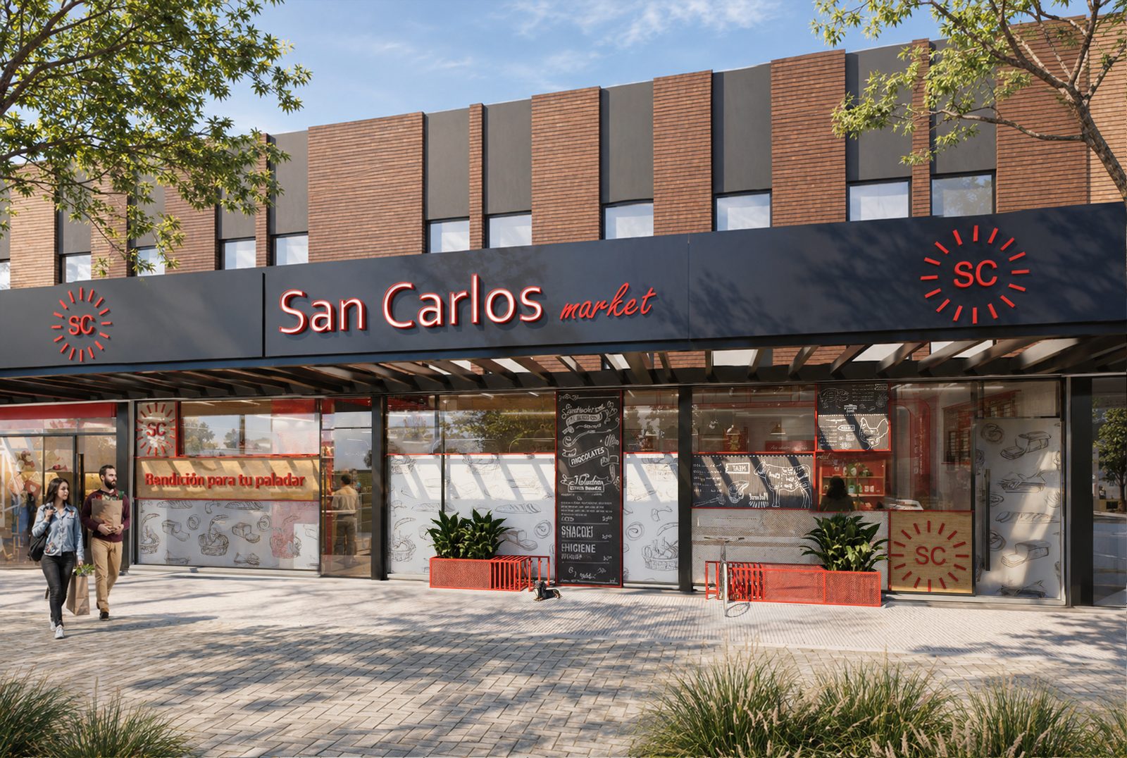 Fachada del mini market San Carlos, render del proyecto